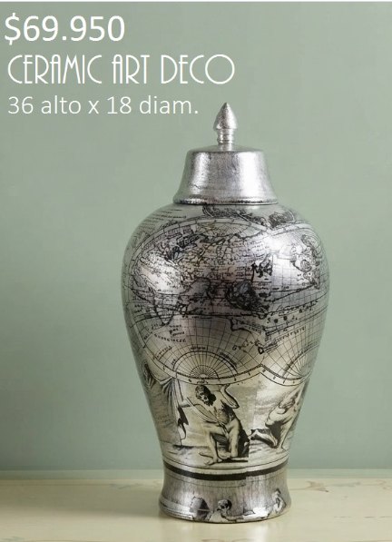 Tibor Ceramic Art Deco: Tibor de cerámica plateada con mapa antiguo. 36 cm de alto × 18 cm de diámetro.