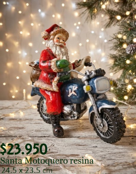 Santa motoquero de resina: Santa Claus en moto azul, de resina. 24,5 × 23,5 cm.