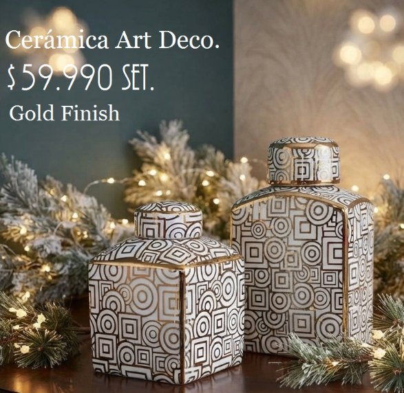 Set de tibores Cerámica Art Deco: Set de dos tibores de cerámica con diseño geométrico y terminación dorada (gold finish).