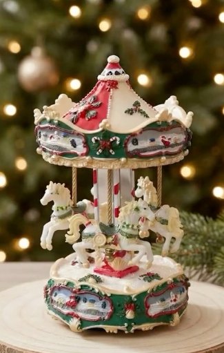 Carrusel musical navideño: Carrusel navideño con caballos en blanco, verde y rojo.
