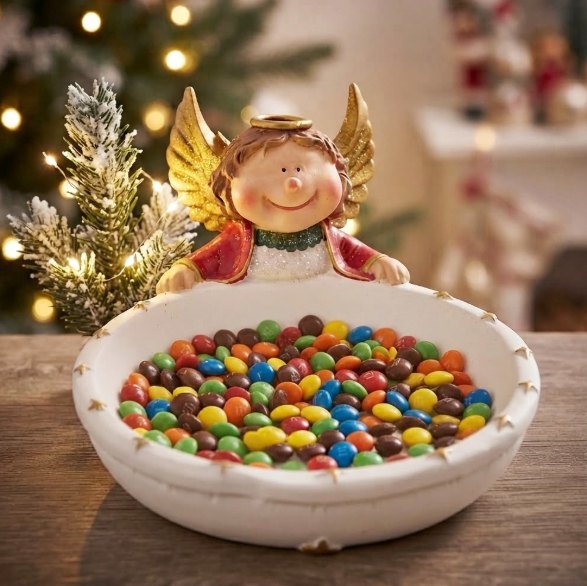 Angelito con bol: Bol blanco con estrellas y angelito dorado, perfecto para dulces.