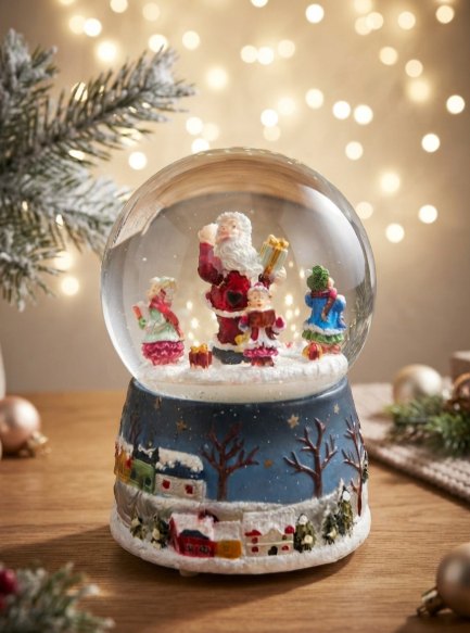 Globo de nieve con Santa: Globo de nieve con Santa y niños sobre base azul con casitas.
