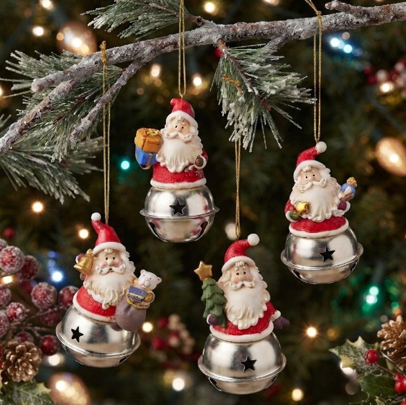 Santas sobre campanas de metal: Colgantes de Santa Claus sobre campanas plateadas con estrella calada.