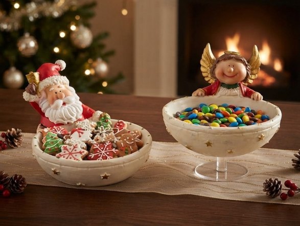 Bols de Santa y ángel: Bols decorativos: uno con Santa para galletas y otro con ángel sobre pie de vidrio.