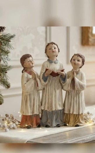 Coro de niños: Tres niños de coro con partitura, figura decorativa navideña.